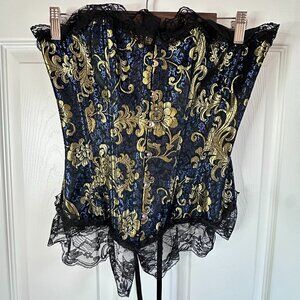Divine Secrets Women's Small Blue & Gold Brocade Corset Boned Black Lace Trim